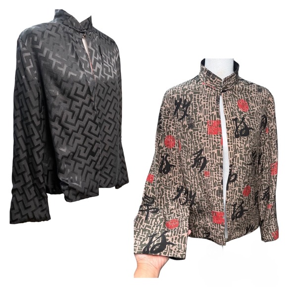 Jackets & Blazers - Vintage Reversible 100% Silk Mandarin Medium Jacket Geometric Jacquard Lagenlook